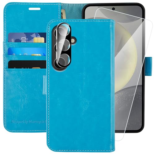 MONASAY für Handyhülle Samsung Galaxy S24 Plus 5G 6.7 Zoll Hülle,[Schutzfolie][Kartenfach][Standfunktion][Magnet],Stoßfeste Schutzhülle,Premium Leder Flip Case,Hellblau von MONASAY