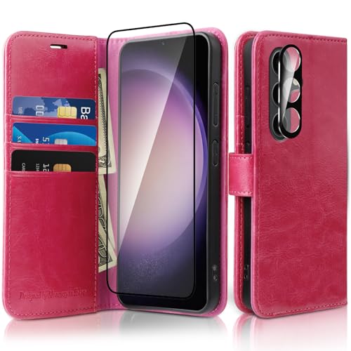 MONASAY Galaxy S24 Plus 5G Handyhülle 6.7 Zoll,[Glas Schutzfolie und Linsenschutz][Kartenfach][Standfunktion][Magnet],Stoßfeste Schutzhülle,Premium Leder Flip Case Fit für Samsung S24 Plus 5G,Hot Pink von MONASAY