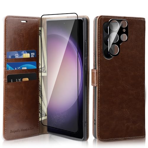 MONASAY Galaxy S24 Ultra 5G Handyhülle 6.8 Zoll, [Glas Schutzfolie und Linsenschutz][Kartenfach][Standfunktion][Magnet],Stoßfeste Schutzhülle,Leder Flip Case Fit für Samsung S24 Ultra 5G,Braun von MONASAY