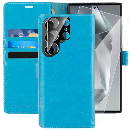 MONASAY für Handyhülle Samsung Galaxy S24 Ultra 5G 6.8 Zoll Hülle,[Schutzfolie][Kartenfach][Standfunktion][Magnet],Stoßfeste Schutzhülle,Premium Leder Flip Case,Hellblau von MONASAY