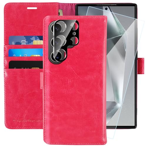 MONASAY Galaxy S24 Ultra 5G Handyhülle 6.8 Zoll, [Glas Schutzfolie und Linsenschutz][Kartenfach][Standfunktion][Magnet],Stoßfeste Schutzhülle,Leder Flip Case Fit für Samsung S24 Ultra 5G,Hot Pink von MONASAY