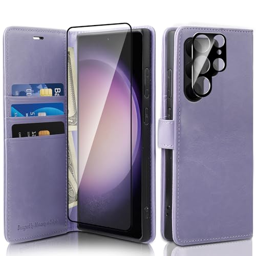 MONASAY Galaxy S24 Ultra 5G Handyhülle 6.8 Zoll, [Glas Schutzfolie und Linsenschutz][Kartenfach][Standfunktion][Magnet],Stoßfeste Schutzhülle,Leder Flip Case Fit für Samsung S24 Ultra 5G,Lavendel von MONASAY