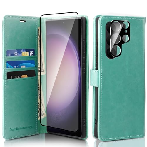 MONASAY Galaxy S24 Ultra 5G Handyhülle 6.8 Zoll, [Glas Schutzfolie und Linsenschutz][Kartenfach][Standfunktion][Magnet],Stoßfeste Schutzhülle,Leder Flip Case Fit für Samsung S24 Ultra 5G,Minze von MONASAY