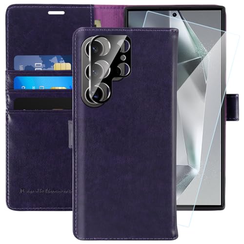MONASAY für Handyhülle Samsung Galaxy S24 Ultra 5G 6.8 Zoll Hülle,[Schutzfolie][Kartenfach][Standfunktion][Magnet],Stoßfeste Schutzhülle,Premium Leder Flip Case,Violett von MONASAY