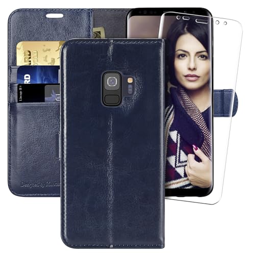 MONASAY Galaxy S9 Handyhülle,5.8 Zoll, [Schutzfolie][Kartenfach][Standfunktion][Magnet],Stoßfeste Schutzhülle,Premium Leder Flip Case für Samsung Galaxy S9, Blau von MONASAY