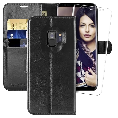 MONASAY Galaxy S9 Handyhülle,5.8 Zoll, [Schutzfolie][Kartenfach][Standfunktion][Magnet],Stoßfeste Schutzhülle,Premium Leder Flip Case für Samsung Galaxy S9, Schwarz von MONASAY