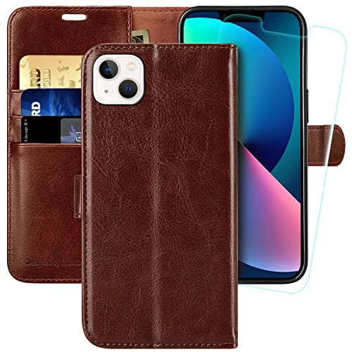 MONASAY Handyhülle Fit für Apple iPhone 14 Plus/15 Plus 5G 6.7 Zoll,[Schutzfolie][Kartenfach][Standfunktion][Magnet][RFID Schutz],Stoßfeste Schutzhülle,Premium Leder Flip Case, Braun von MONASAY