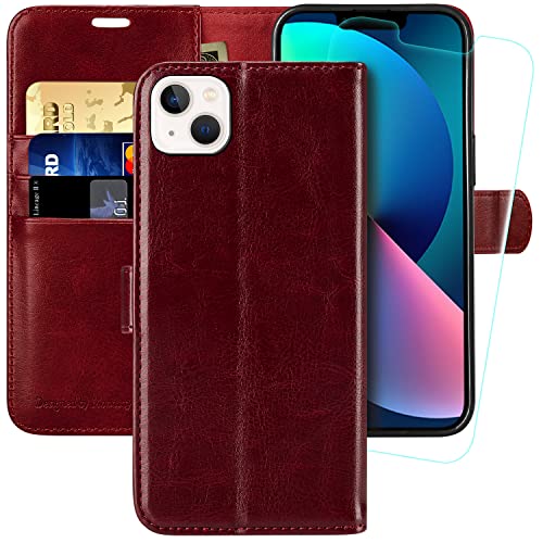 MONASAY Handyhülle Fit für Apple iPhone 14 Plus/15 Plus 5G 6.7 Zoll,[Schutzfolie][Kartenfach][Standfunktion][Magnet][RFID Schutz],Stoßfeste Schutzhülle,Premium Leder Flip Case, Burgund von MONASAY
