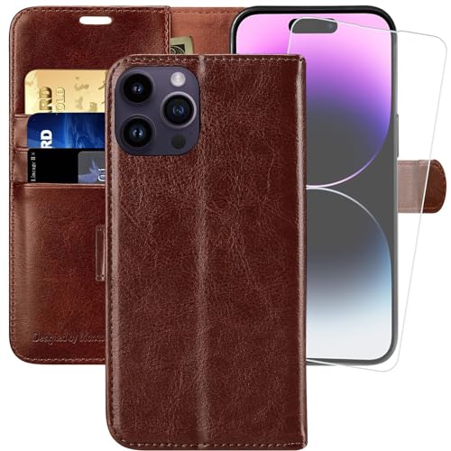 MONASAY Handyhülle Fit für Apple iPhone 14 Pro 5G 6.1 Zoll,[Schutzfolie][Kartenfach][Standfunktion][Magnet][RFID Schutz],Stoßfeste Schutzhülle,Premium Leder Flip Case, Braun von MONASAY