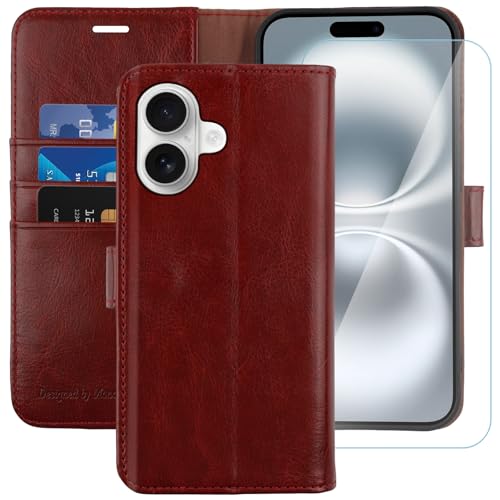 MONASAY Handyhülle Fit für Apple iPhone 16 5G 6.1 Zoll Hülle,[Schutzfolie][Kartenfach][Standfunktion][Magnet][RFID Schutz],Stoßfeste Schutzhülle,Premium Leder Flip Case, Burgund von MONASAY