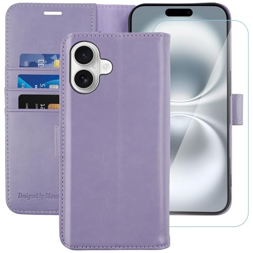 MONASAY Handyhülle Fit für Apple iPhone 16 5G 6.1 Zoll Hülle,[Schutzfolie][Kartenfach][Standfunktion][Magnet][RFID Schutz],Stoßfeste Schutzhülle,Premium Leder Flip Case, Lavendel von MONASAY