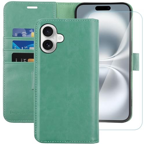 MONASAY Handyhülle Fit für Apple iPhone 16 5G 6.1 Zoll Hülle,[Schutzfolie][Kartenfach][Standfunktion][Magnet][RFID Schutz],Stoßfeste Schutzhülle,Premium Leder Flip Case, Minzgrün von MONASAY