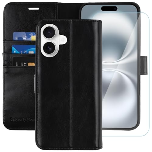 MONASAY Handyhülle Fit für Apple iPhone 16 5G 6.1 Zoll Hülle,[Schutzfolie][Kartenfach][Standfunktion][Magnet][RFID Schutz],Stoßfeste Schutzhülle,Premium Leder Flip Case, Schwarz von MONASAY