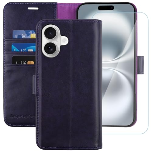 MONASAY Handyhülle Fit für Apple iPhone 16 5G 6.1 Zoll Hülle,[Schutzfolie][Kartenfach][Standfunktion][Magnet][RFID Schutz],Stoßfeste Schutzhülle,Premium Leder Flip Case, Violett von MONASAY