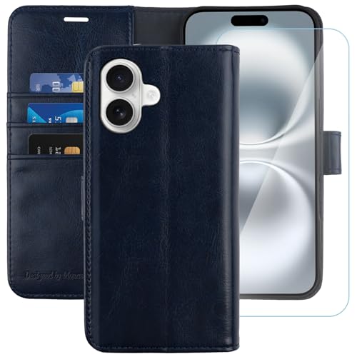 MONASAY Handyhülle Fit für Apple iPhone 16 Plus 5G 6.7 Zoll Hülle,[Schutzfolie][Kartenfach][Standfunktion][Magnet][RFID Schutz],Stoßfeste Schutzhülle,Premium Leder Flip Case, Blau von MONASAY