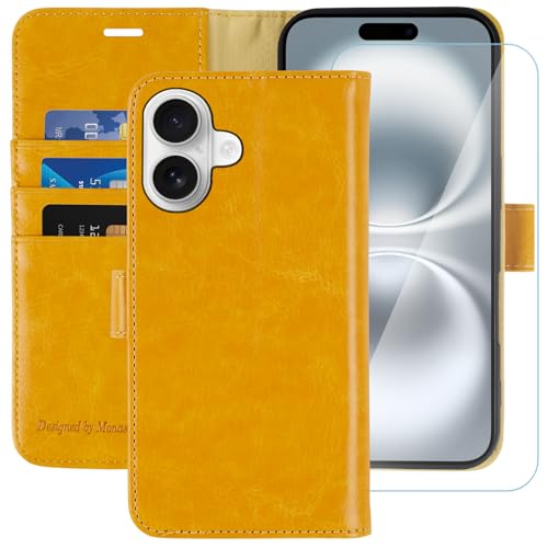 MONASAY Handyhülle Fit für Apple iPhone 16 Plus 5G 6.7 Zoll Hülle,[Schutzfolie][Kartenfach][Standfunktion][Magnet][RFID Schutz],Stoßfeste Schutzhülle,Premium Leder Flip Case, Gelb von MONASAY