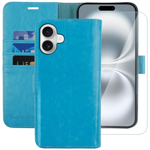 MONASAY Handyhülle Fit für Apple iPhone 16 Plus 5G 6.7 Zoll Hülle,[Schutzfolie][Kartenfach][Standfunktion][Magnet][RFID Schutz],Stoßfeste Schutzhülle,Premium Leder Flip Case, Hellblau von MONASAY