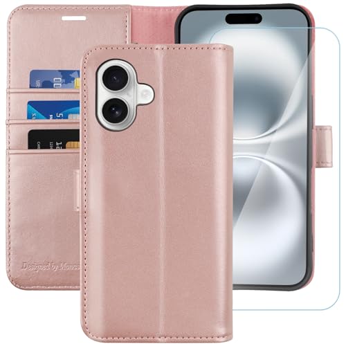 MONASAY Handyhülle Fit für Apple iPhone 16 Plus 5G 6.7 Zoll Hülle,[Schutzfolie][Kartenfach][Standfunktion][Magnet][RFID Schutz],Stoßfeste Schutzhülle,Premium Leder Flip Case, Rosagold von MONASAY