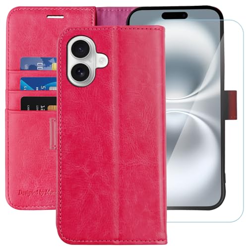MONASAY Handyhülle Fit für Apple iPhone 16 Plus 5G 6.7 Zoll Hülle,[Schutzfolie][Kartenfach][Standfunktion][Magnet][RFID Schutz],Stoßfeste Schutzhülle,Premium Leder Flip Case, Rose von MONASAY