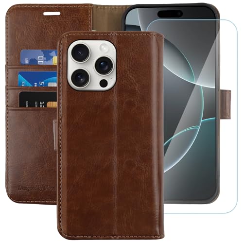 MONASAY Handyhülle Fit für Apple iPhone 16 Pro 5G 6.3 Zoll Hülle,[Schutzfolie][Kartenfach][Standfunktion][Magnet][RFID Schutz],Stoßfeste Schutzhülle,Premium Leder Flip Case, Braun von MONASAY