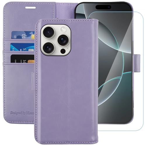 MONASAY Handyhülle Fit für Apple iPhone 16 Pro 5G 6.3 Zoll Hülle,[Schutzfolie][Kartenfach][Standfunktion][Magnet][RFID Schutz],Stoßfeste Schutzhülle,Premium Leder Flip Case, Lavendel von MONASAY