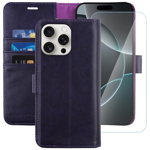 MONASAY Handyhülle Fit für Apple iPhone 16 Pro 5G 6.3 Zoll Hülle,[Schutzfolie][Kartenfach][Standfunktion][Magnet][RFID Schutz],Stoßfeste Schutzhülle,Premium Leder Flip Case, Violett von MONASAY