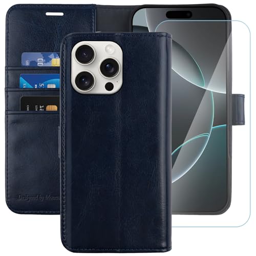 MONASAY Handyhülle Fit für Apple iPhone 16 Pro Max 5G 6.9 Zoll Hülle,[Schutzfolie][Kartenfach][Standfunktion][Magnet][RFID Schutz],Stoßfeste Schutzhülle,Premium Leder Flip Case, Blau von MONASAY
