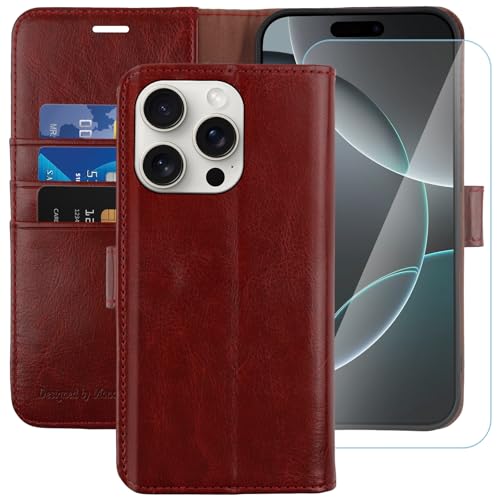 MONASAY Handyhülle Fit für Apple iPhone 16 Pro Max 5G 6.9 Zoll Hülle,[Schutzfolie][Kartenfach][Standfunktion][Magnet][RFID Schutz],Stoßfeste Schutzhülle,Premium Leder Flip Case, Burgund von MONASAY
