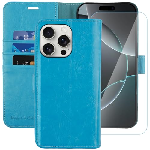MONASAY Handyhülle Fit für Apple iPhone 16 Pro Max 5G 6.9 Zoll Hülle,[Schutzfolie][Kartenfach][Standfunktion][Magnet][RFID Schutz],Stoßfeste Schutzhülle,Premium Leder Flip Case, Hellblau von MONASAY