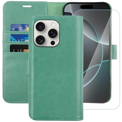 MONASAY Handyhülle Fit für Apple iPhone 16 Pro Max 5G 6.9 Zoll Hülle,[Schutzfolie][Kartenfach][Standfunktion][Magnet][RFID Schutz],Stoßfeste Schutzhülle,Premium Leder Flip Case, Minzgrün von MONASAY
