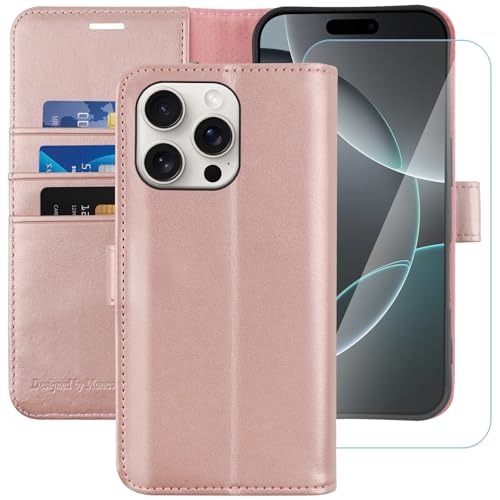 MONASAY Handyhülle Fit für Apple iPhone 16 Pro Max 5G 6.9 Zoll Hülle,[Schutzfolie][Kartenfach][Standfunktion][Magnet][RFID Schutz],Stoßfeste Schutzhülle,Premium Leder Flip Case, Rosagold von MONASAY