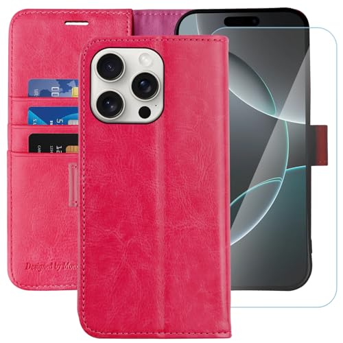 MONASAY Handyhülle Fit für Apple iPhone 16 Pro Max 5G 6.9 Zoll Hülle,[Schutzfolie][Kartenfach][Standfunktion][Magnet][RFID Schutz],Stoßfeste Schutzhülle,Premium Leder Flip Case, Rose von MONASAY