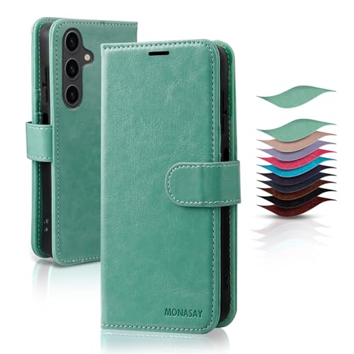 MONASAY Handyhülle Fit für Samsung Galaxy A25 5G 6.5 Zoll Hülle,[Schutzfolie][Kartenfach][Standfunktion][Magnet] Stoßfeste Schutzhülle,Leder Flip Case Klappbar Tasche Cover,Mintgrün von MONASAY