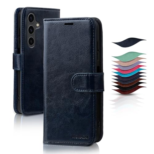 MONASAY Handyhülle Fit für Samsung Galaxy A35 5G 6.6 Zoll Hülle,[Schutzfolie][Kartenfach][Standfunktion][Magnet] Stoßfeste Schutzhülle,Leder Flip Case Klappbar Tasche Cover,Blau von MONASAY