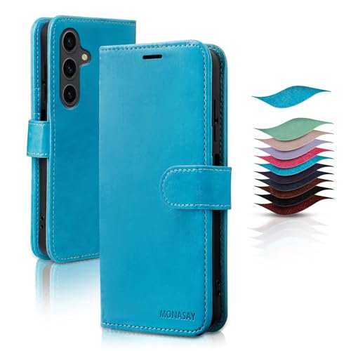 MONASAY Handyhülle Fit für Samsung Galaxy A35 5G 6.6 Zoll Hülle,[Schutzfolie][Kartenfach][Standfunktion][Magnet] Stoßfeste Schutzhülle,Leder Flip Case Klappbar Tasche Cover,Hellblau von MONASAY