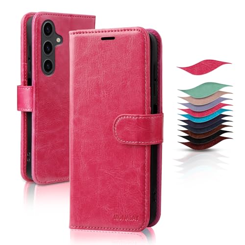 MONASAY Handyhülle Fit für Samsung Galaxy A35 5G 6.6 Zoll Hülle,[Schutzfolie][Kartenfach][Standfunktion][Magnet] Stoßfeste Schutzhülle,Leder Flip Case Klappbar Tasche Cover,Hot Rose von MONASAY