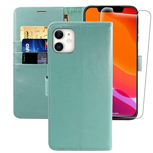 MONASAY Schutzhülle für iPhone 11, 15,5 cm (6,1 Zoll) [Glas-Displayschutzfolie im Lieferumfang enthalten], [RFID-Blockierung], Flip-Folio-Leder-Handyhülle mit Kreditkartenfach für iPhone 11, Mintgrün von MONASAY