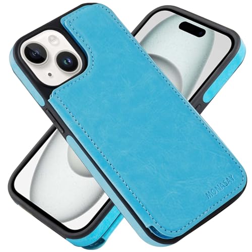 MONASAY Handyhülle Kompatibel mit iPhone 15 5G 6.1 Zoll Flip Case mit Kartenfach,[Schutzfolie][RFID Schutz],Stoßfeste Schutzhülle,Premium Leder Ständer Magnetische Hülle, Hellblau von MONASAY