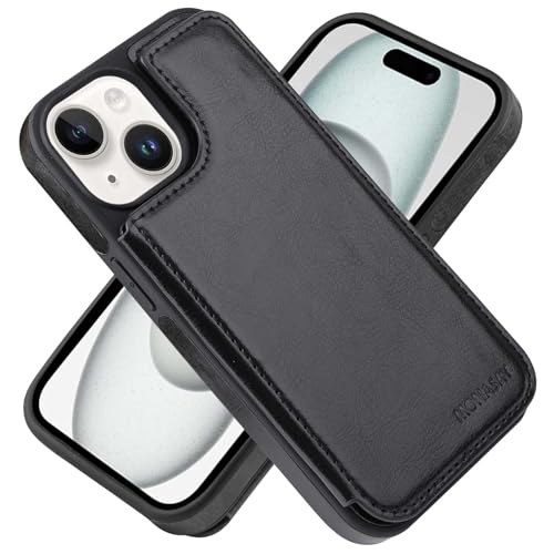 MONASAY Handyhülle Kompatibel mit iPhone 15 5G 6.1 Zoll Flip Case mit Kartenfach,[Schutzfolie][RFID Schutz],Stoßfeste Schutzhülle,Premium Leder Ständer Magnetische Hülle, Schwarz von MONASAY