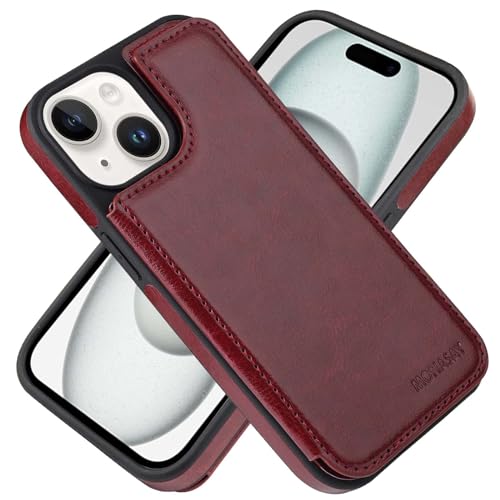 MONASAY Handyhülle Fit für iPhone 15 5G 6.1 Zoll Flip Case mit Kartenfach,[Schutzfolie][RFID Schutz] Stoßfeste Klappbar Schutzhülle, Premium Leder Ständer Magnetische Hülle,Burgundy von MONASAY
