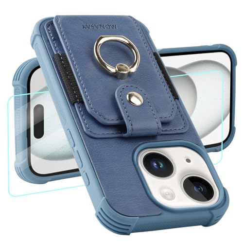 MONASAY Handyhülle Kompatibel mit iPhone 15 5G 6.1 Zoll mit Ring Halter Ständer, [Schutzfolie][RFID Schutz] Stoßfeste Schutzhülle, Premium Leder Hülle mit Kartenfach Case Cover, Hellblau von MONASAY
