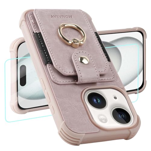 MONASAY Handyhülle Kompatibel mit iPhone 15 5G 6.1 Zoll mit Ring Halter Ständer, [Schutzfolie][RFID Schutz] Stoßfeste Schutzhülle, Premium Leder Hülle mit Kartenfach Case Cover, Pinksand von MONASAY