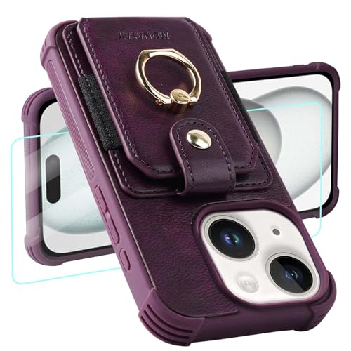 MONASAY Handyhülle Kompatibel mit iPhone 15 5G 6.1 Zoll mit Ring Halter Ständer, [Schutzfolie][RFID Schutz] Stoßfeste Schutzhülle, Premium Leder Hülle mit Kartenfach Case Cover, Violett von MONASAY