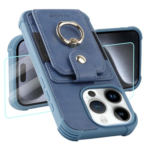 MONASAY Handyhülle Kompatibel mit iPhone 15 pro 5G 6.1 Zoll mit Ring Halter Ständer, [Schutzfolie][RFID Schutz] Stoßfeste Schutzhülle, Premium Leder Hülle mit Kartenfach Case Cover, Hellblau von MONASAY