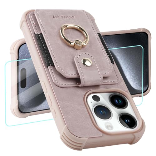 MONASAY Handyhülle Kompatibel mit iPhone 15 pro 5G 6.1 Zoll mit Ring Halter Ständer, [Schutzfolie][RFID Schutz] Stoßfeste Schutzhülle, Premium Leder Hülle mit Kartenfach Case Cover, Pinksand von MONASAY