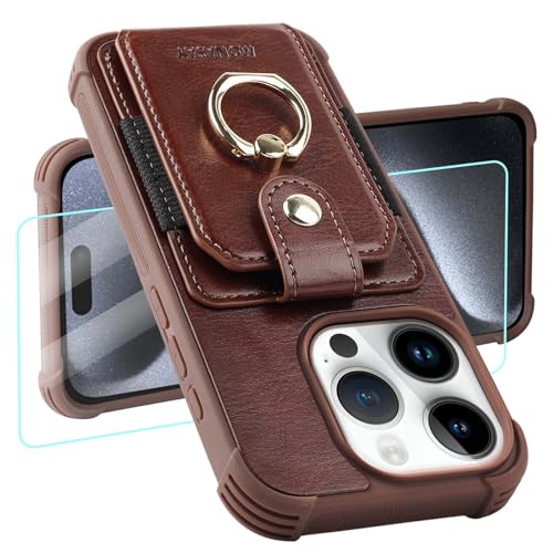 MONASAY Handyhülle Kompatibel mit iPhone 15 pro max 5G 6.7 Zoll mit Ring Halter Ständer, [Schutzfolie][RFID Schutz] Stoßfeste Schutzhülle, Premium Leder Hülle mit Kartenfach Case Cover, Braun von MONASAY