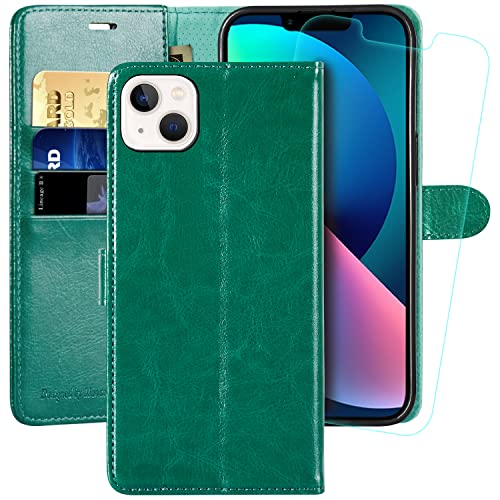 MONASAY Handyhülle Fit für Apple iPhone 14/13 5G 6.1 Zoll,[Schutzfolie][Kartenfach][Standfunktion][Magnet][RFID Schutz],Stoßfeste Schutzhülle,Premium Leder Flip Case, Grün von MONASAY