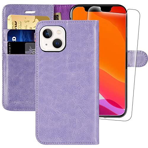 MONASAY Handyhülle für Apple iPhone 14/13 5G 6.1 Zoll, [Schutzfolie][Kartenfach][Standfunktion][Magnet][RFID Schutz],Stoßfeste Schutzhülle,Premium Leder Flip Case, Lavendel von MONASAY