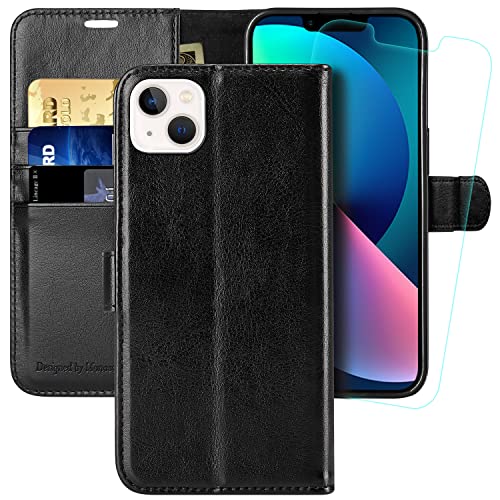 MONASAY Handyhülle Fit für Apple iPhone 14/13 5G 6.1 Zoll,[Schutzfolie][Kartenfach][Standfunktion][Magnet][RFID Schutz],Stoßfeste Schutzhülle,Premium Leder Flip Case, Schwarz von MONASAY