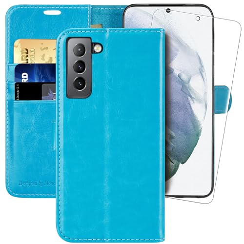 MONASAY Handyhülle für Samsung Galaxy S21 Hülle Leder,6.2 Zoll,[Schutzfolie][Kartenfach][Standfunktion][Magnet],Stoßfeste Schutzhülle,Premium Leder Flip Case für Galaxy S21 5G Hülle Wallet, Hellblau von MONASAY